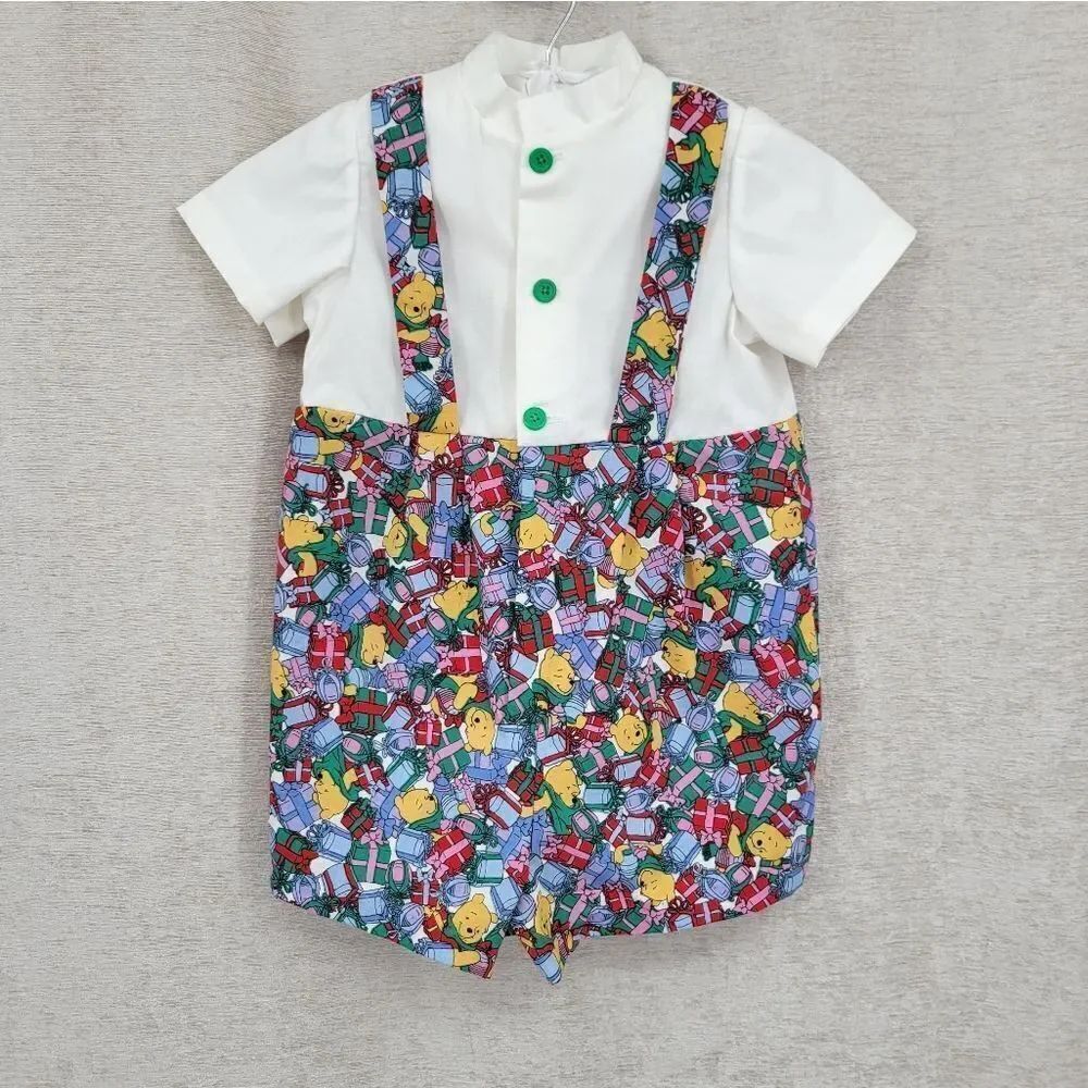 Vintage Handmade Bubble Romper with Faux Suspenders Winnie The Pooh Christmas